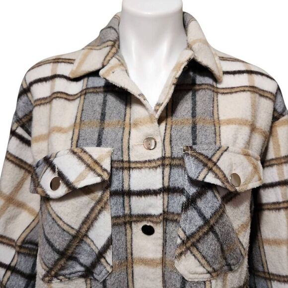 Zara plaid cream shirt shacket jacket small pockets wool blend - Picture 5 of 7